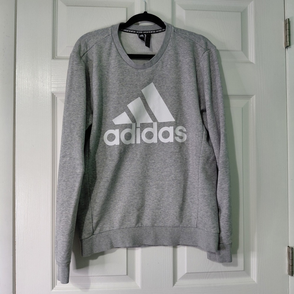 Adidas Mens Essentials Big Logo Crewneck Sweatshirt Grey White Pullover Medium